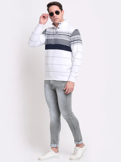 Men White  Navy Blue Striped Sweatshirt