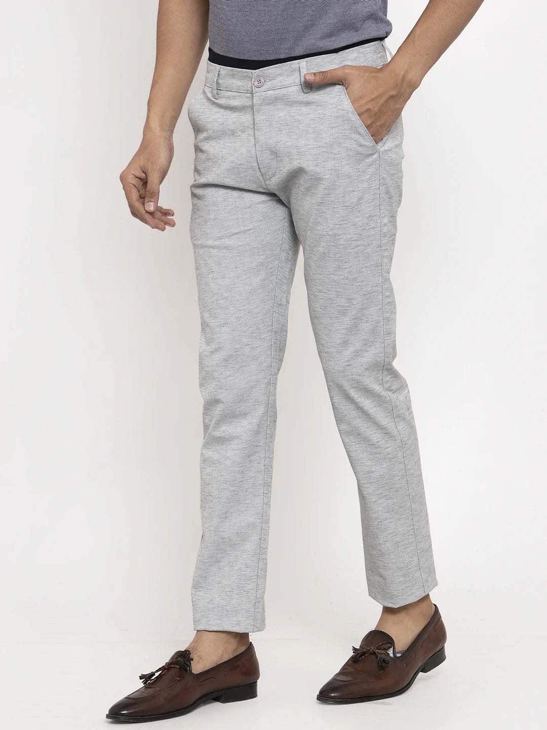 Men Grey Slim Fit Self Design Regular Trousers