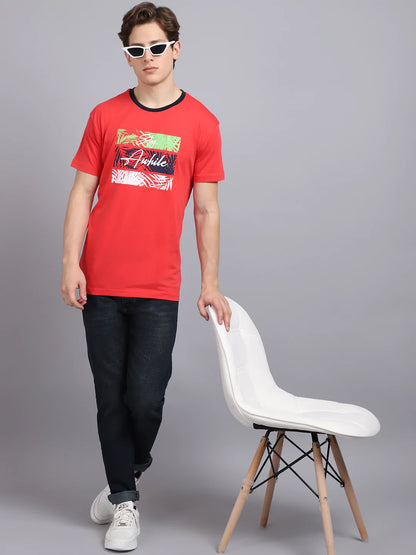 Men Red Typography Printed Slim Fit T-shirt