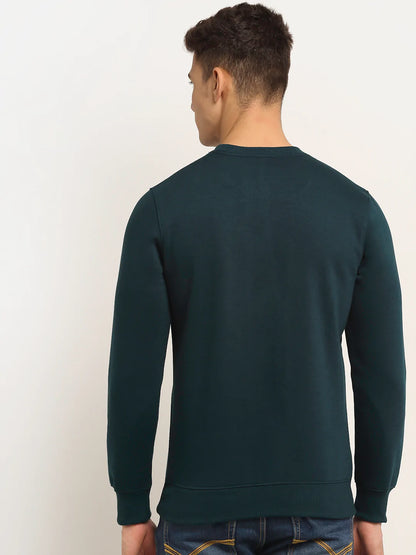 Men Teal Blue Printed Fleece Sweatshirt