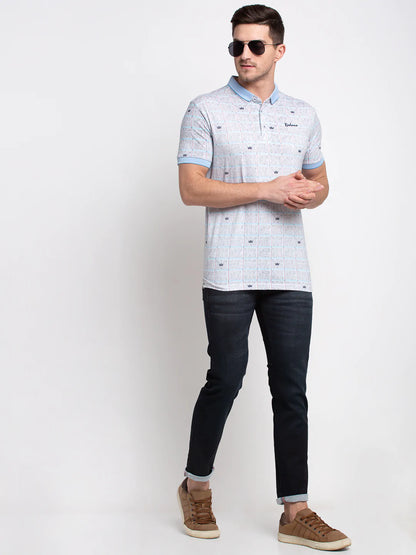 Men Grey Self Design Polo Collar T-shirt