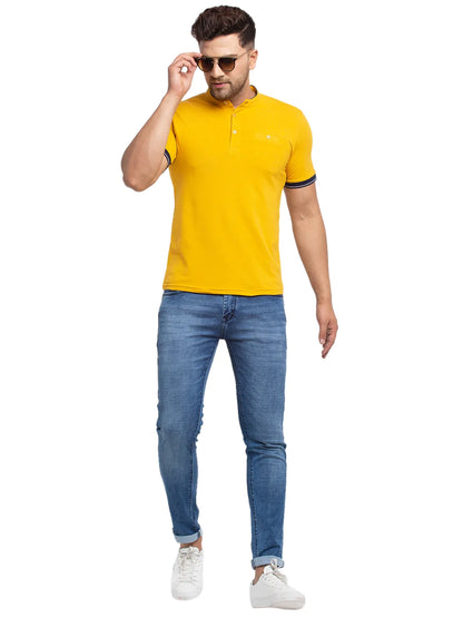 Men Mustard Yellow Solid Mandarin Collar T-shirt