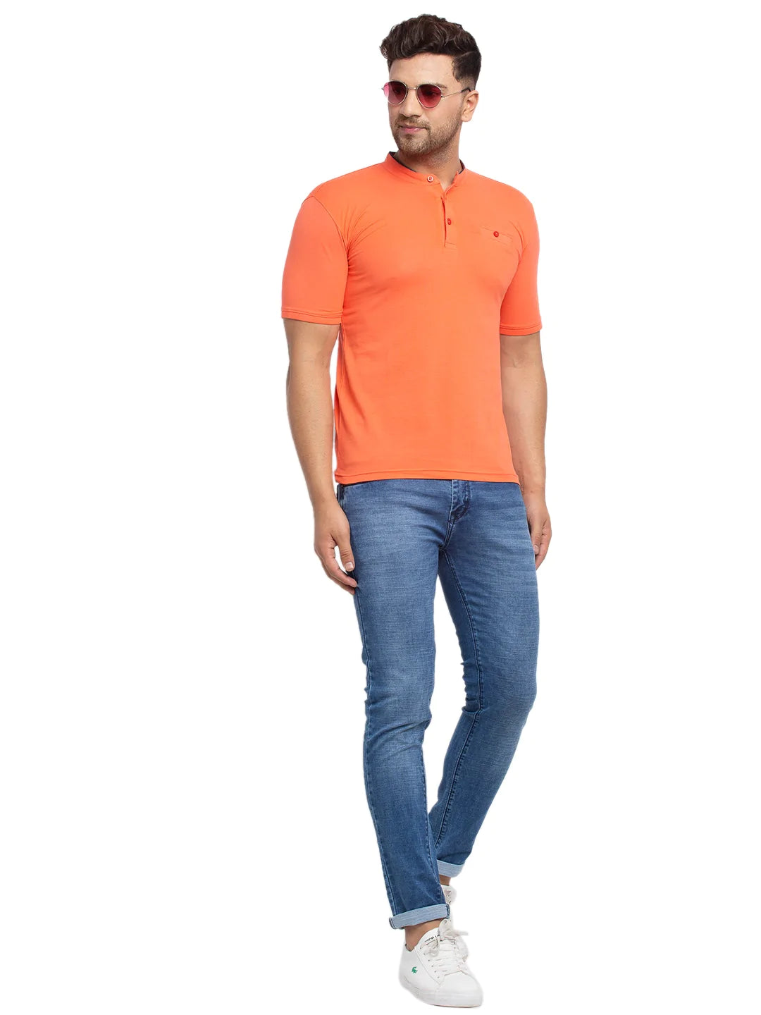 Men Orange Solid Henley Neck Cotton T-shirt