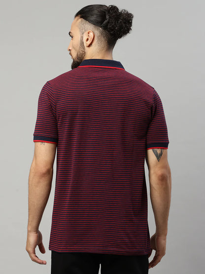 Men Multicoloured Striped Polo Collar T-shirt