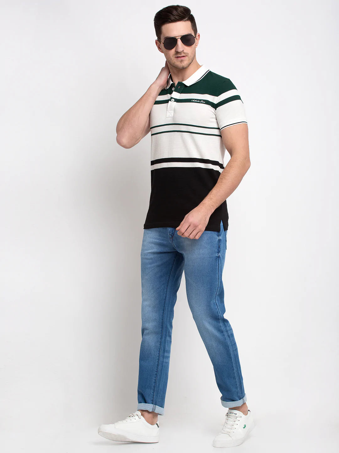 Men Green  White Striped Polo Collar T-shirt