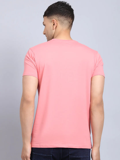 Men Pink  White Printed Slim Fit Cotton T-shirt