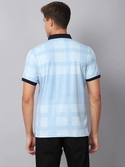 Men Blue  sand Checked Polo Collar Slim Fit T-shirt