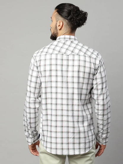 Men White  Black Tartan Checked Slim Fit Casual Shirt