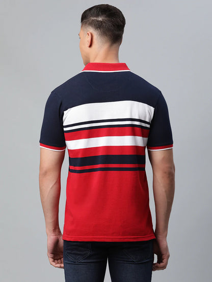 Men Red  Black Striped Polo Collar Slim Fit T-shirt