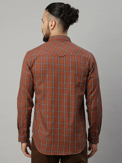 Men Brown Slim Fit Windowpane Checks Checked Casual Shirt