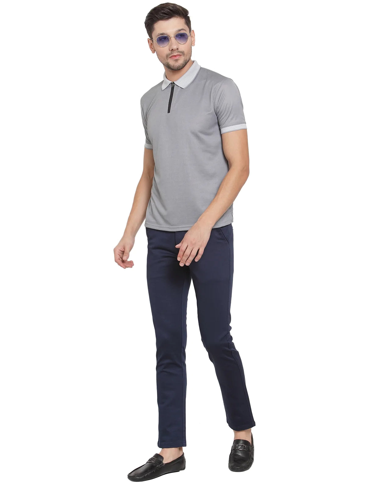 Men Navy Blue Slim Fit Solid Regular Trousers