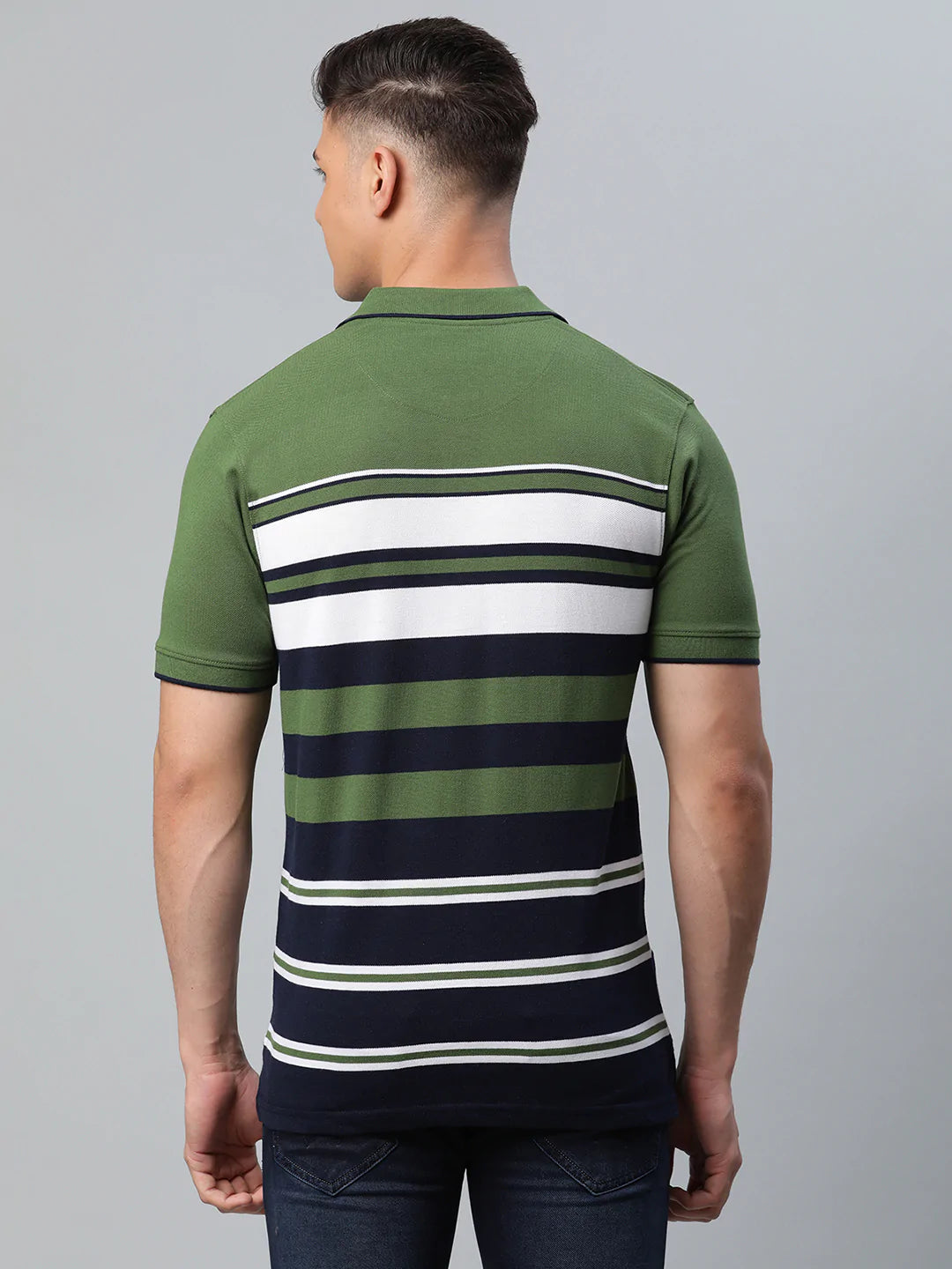 Men Olive Green  Black Striped Polo Collar Slim Fit T-shirt