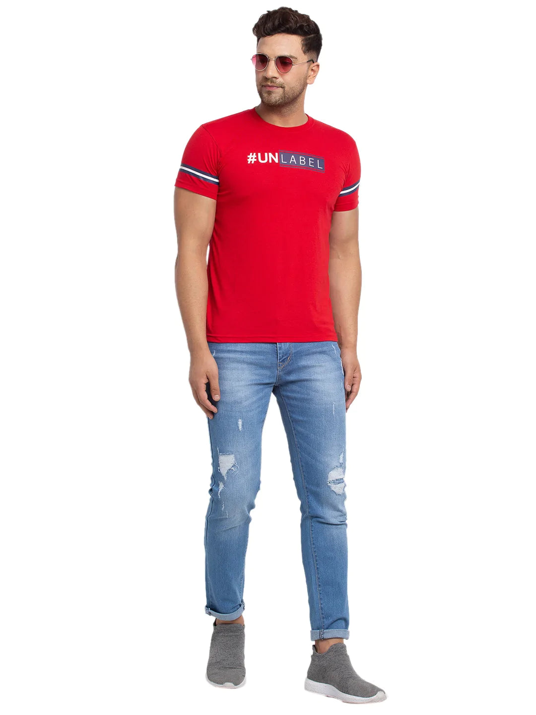 Men Red Printed Round Neck T-shirt