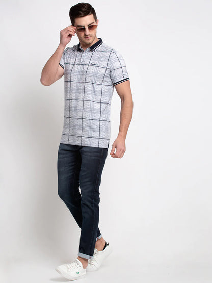 Men Grey Checked Polo Collar T-shirt