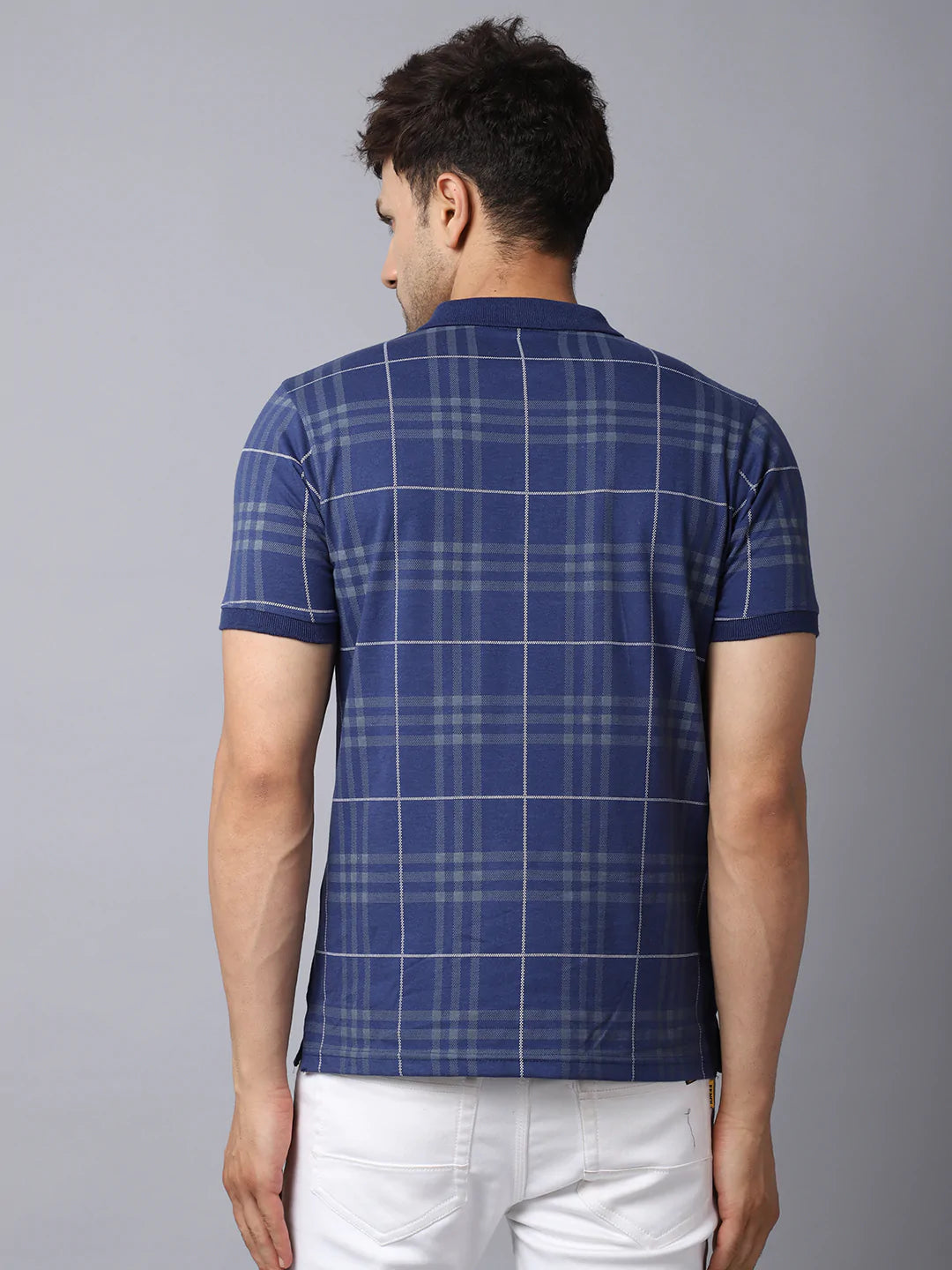 Men Blue Checked Polo Collar Slim Fit T-shirt