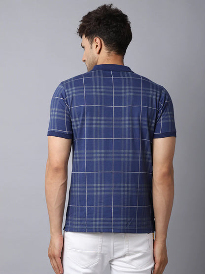 Men Blue Checked Polo Collar Slim Fit T-shirt