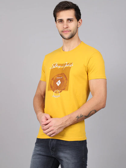Men Yellow Typography Printed Slim Fit Cotton T-shirt