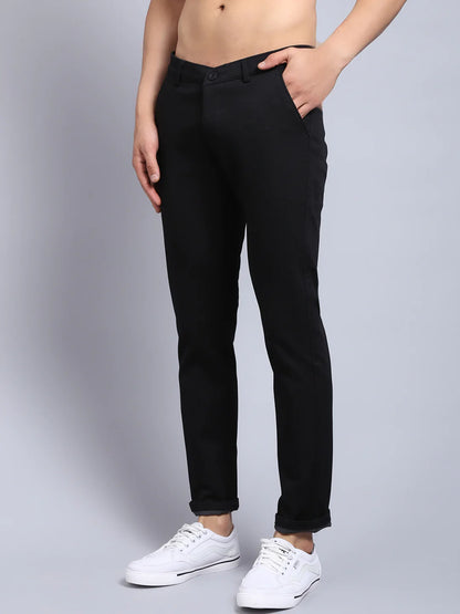 Men Black Textured Slim Fit Trousers