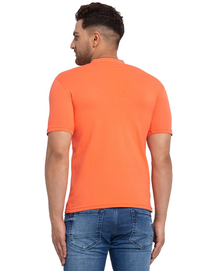 Men Orange Solid Henley Neck Cotton T-shirt