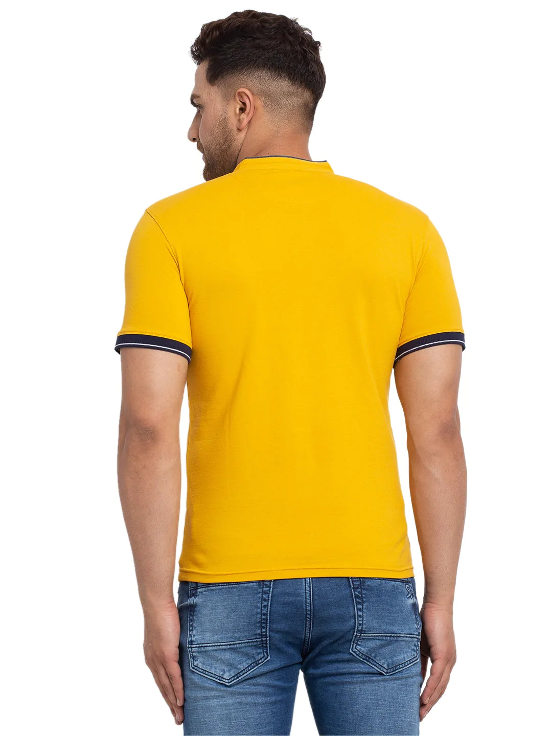 Men Mustard Yellow Solid Mandarin Collar T-shirt