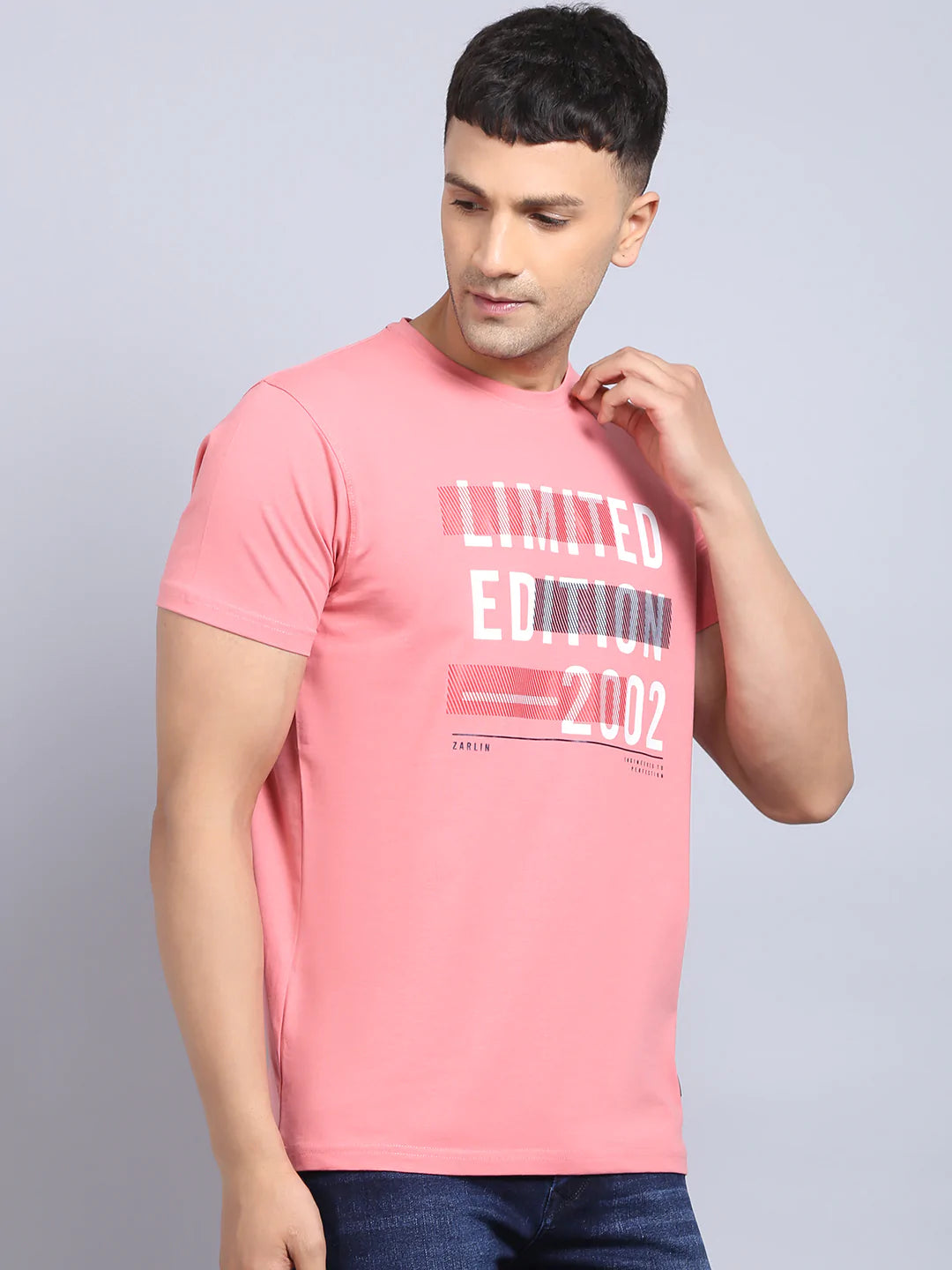 Men Pink  White Printed Slim Fit Cotton T-shirt