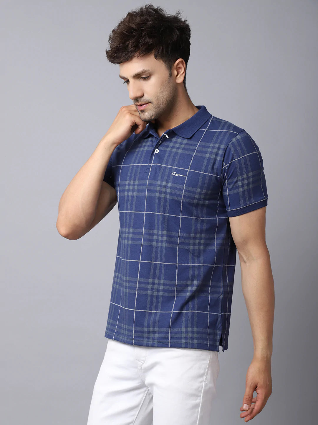 Men Blue Checked Polo Collar Slim Fit T-shirt