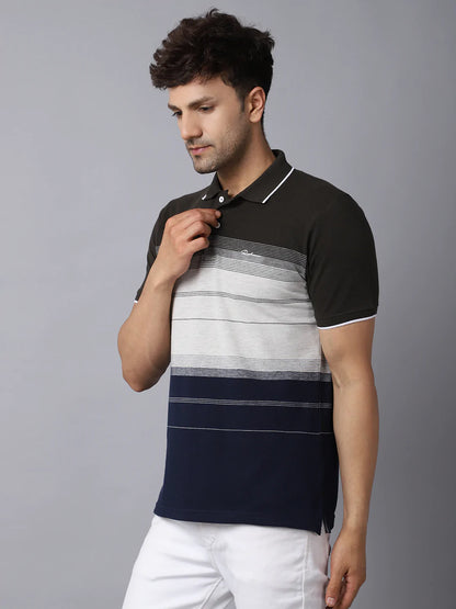 Men Black  White Striped Polo Collar Slim Fit T-shirt