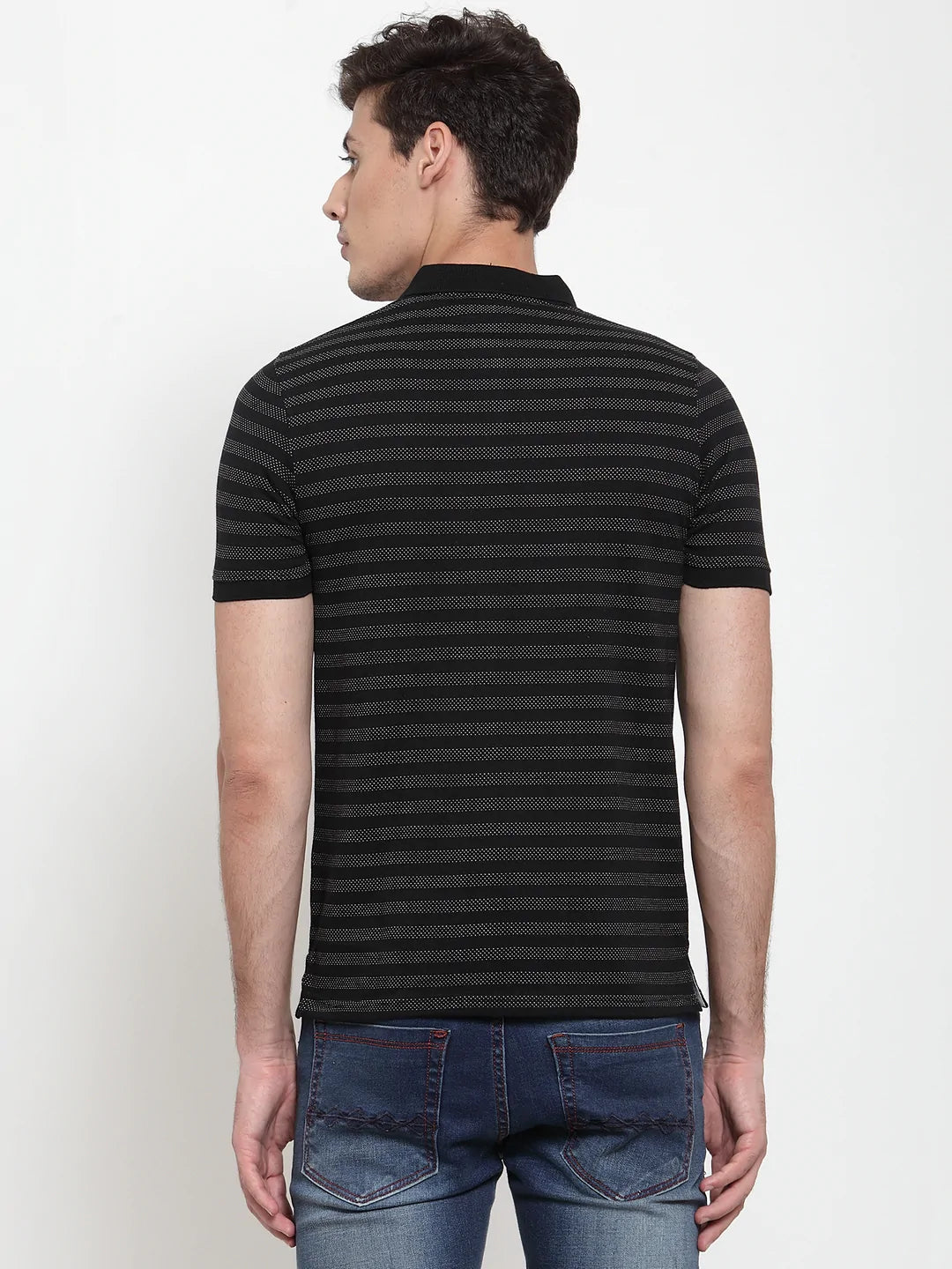 Men Black  White Striped Polo Collar T-shirt