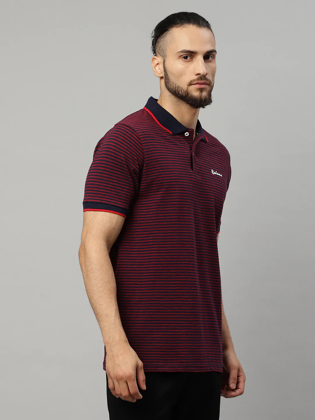 Men Multicoloured Striped Polo Collar T-shirt