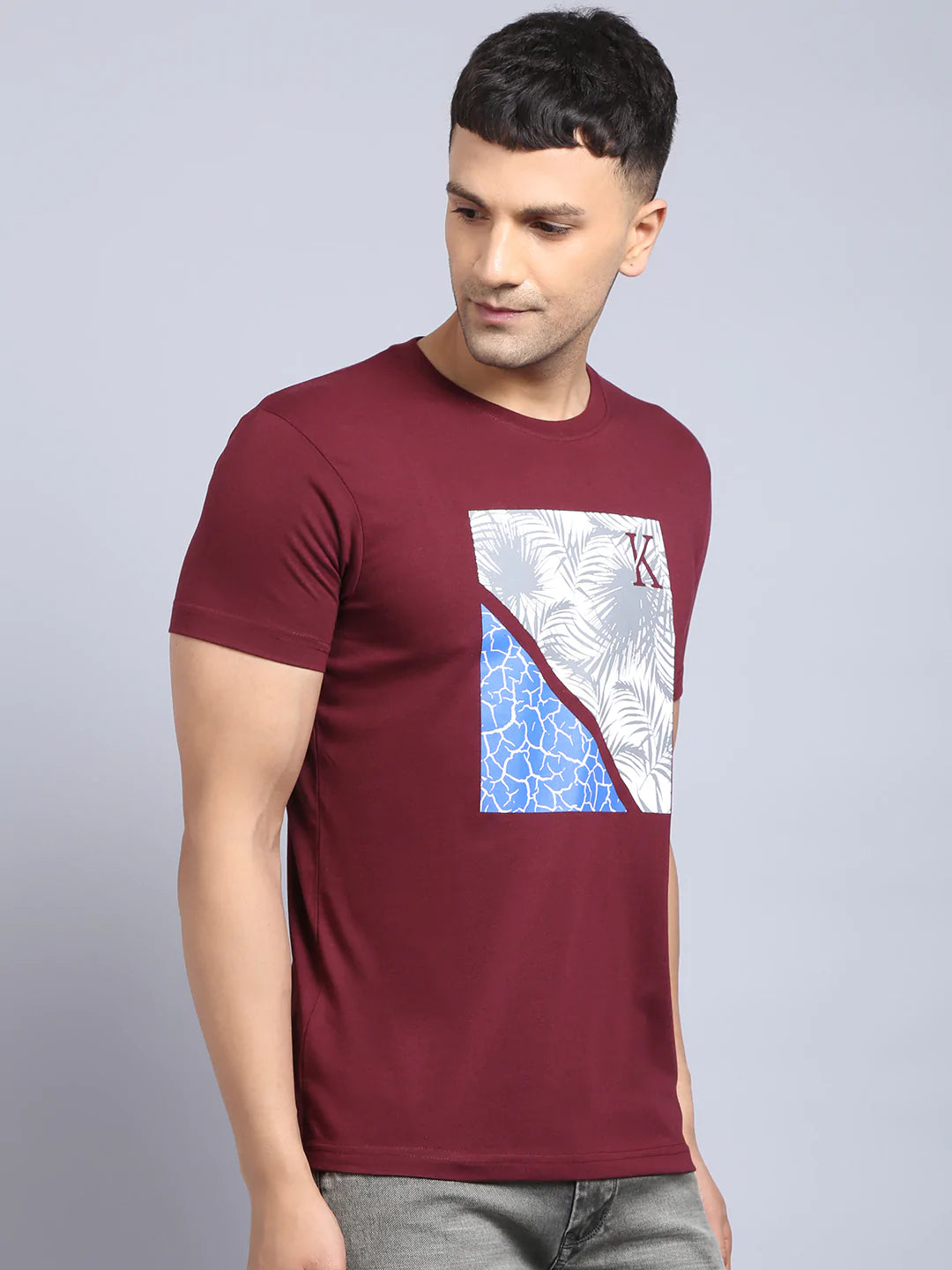 Men Maroon Printed Cotton Slim Fit T-shirt