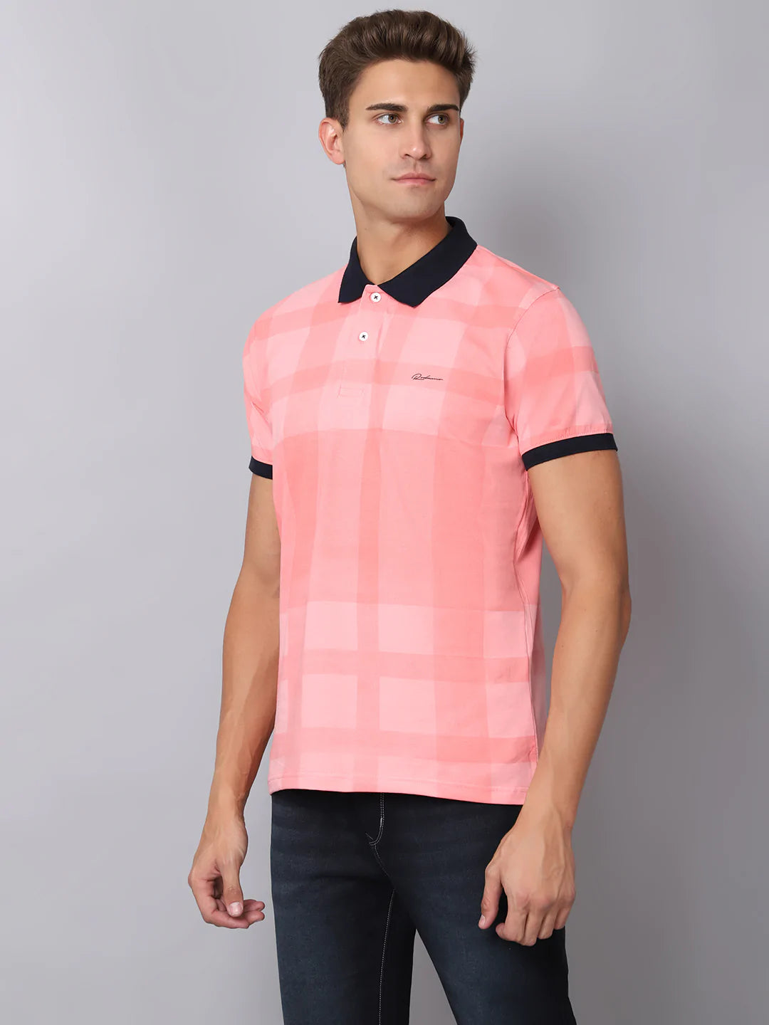 Men Pink  impatiens pink Checked Polo Collar Slim Fit T-shirt