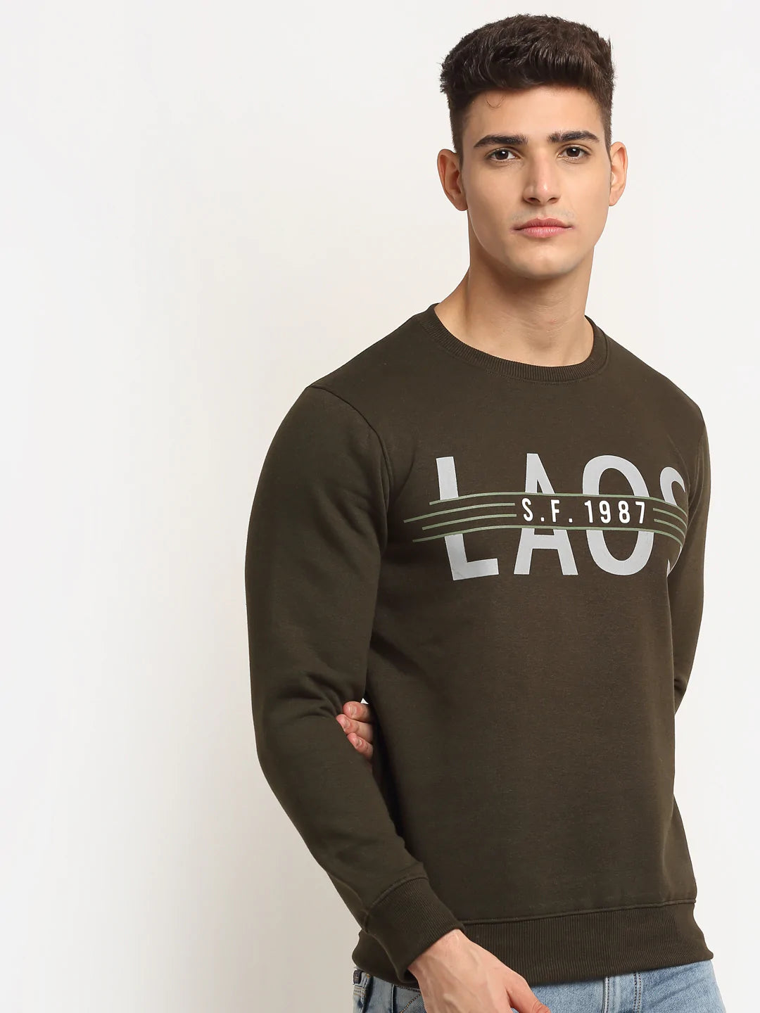 Men Olive Green Printed Sweatshirt