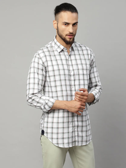 Men White  Black Tartan Checked Slim Fit Casual Shirt