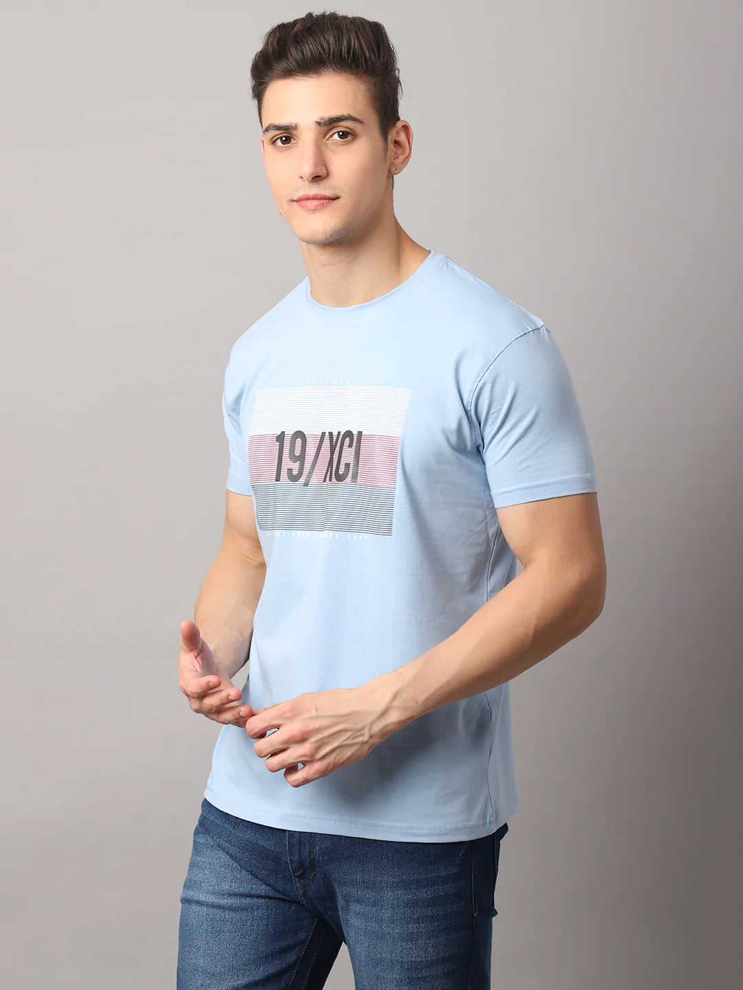 Men Blue Typography Printed Slim Fit Cotton T-shirt