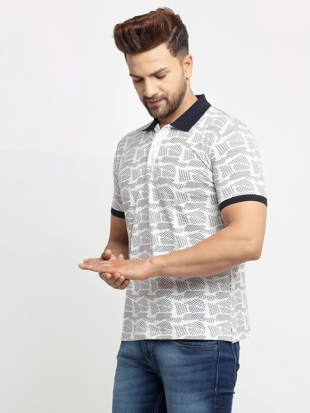 Men White Printed Polo T-Shirts