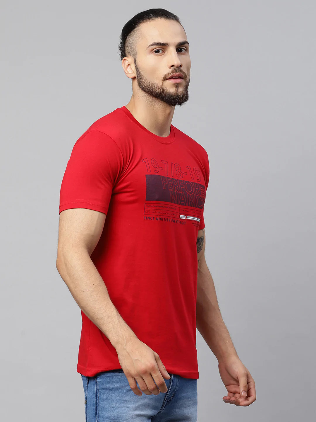 Men Red Typography Printed Slim Fit Cotton T-shirt