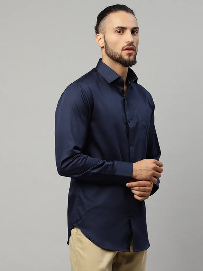 Men Navy Blue Slim Fit Solid Cotton Casual Shirt