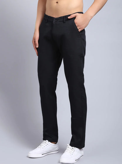 Men Black Textured Slim Fit Trousers