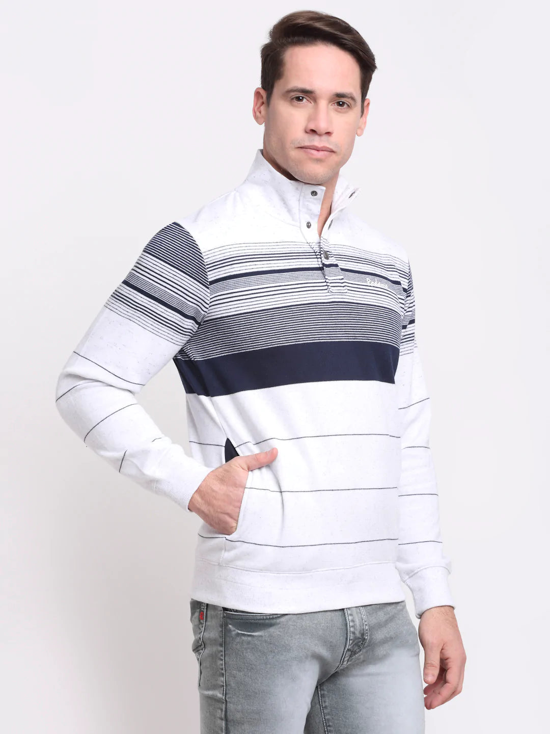 Men White  Navy Blue Striped Sweatshirt