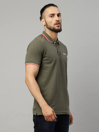 Men Olive Green Polo Collar T-shirt