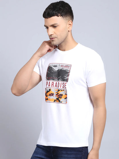 Men White Printed Slim Fit T-shirt