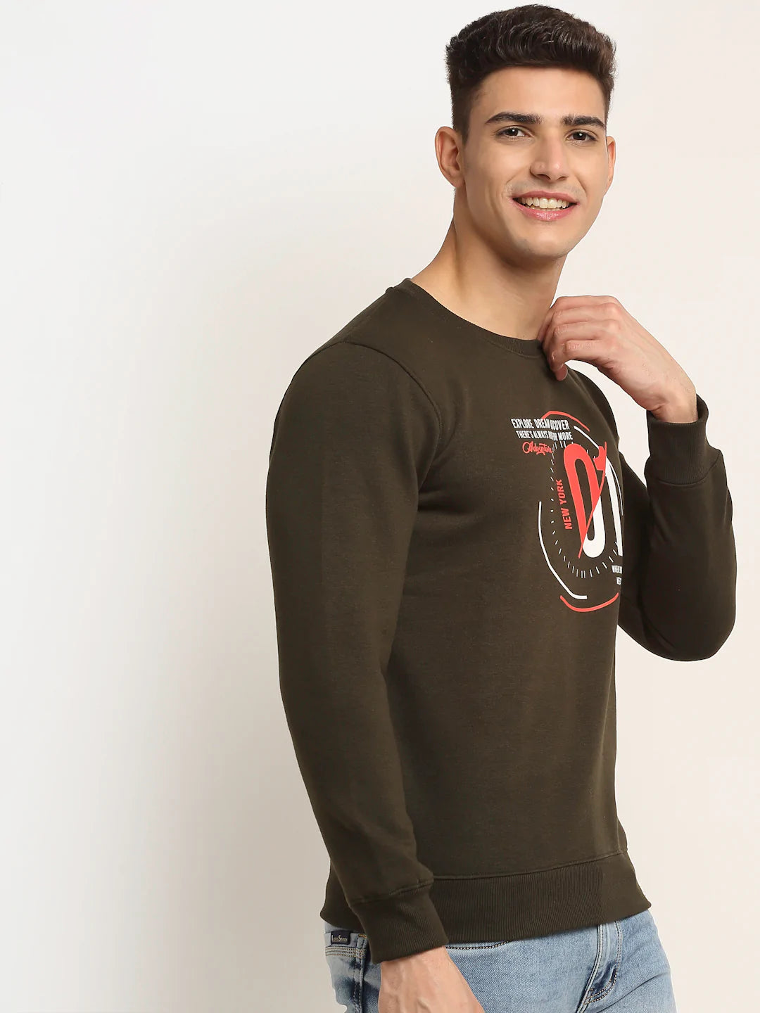 Men Green Fleece Printed Sweatshirt