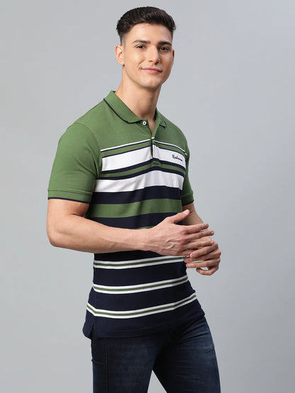 Men Olive Green  Black Striped Polo Collar Slim Fit T-shirt