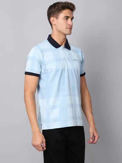 Men Blue  sand Checked Polo Collar Slim Fit T-shirt