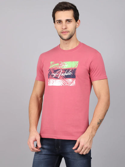 Men Pink  Green Typography Printed Slim Fit T-shirt