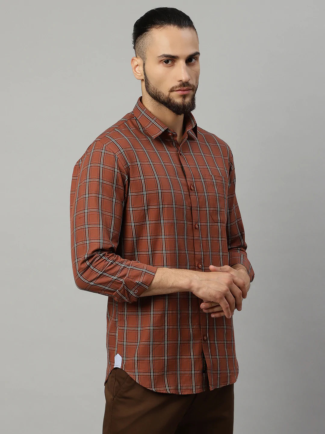 Men Brown Slim Fit Windowpane Checks Checked Casual Shirt