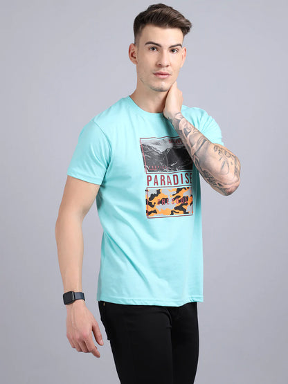 Men Green Typography Printed Slim Fit Cotton  T-shirt