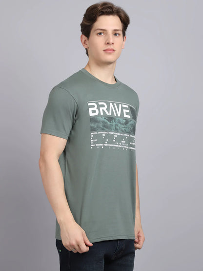 Men Grey Printed Applique Slim Fit T-shirt