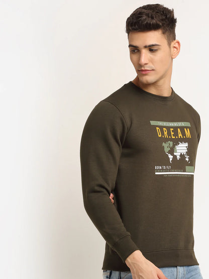 Men Olive Green Printed Fleece Sweatshirt