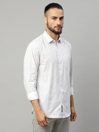 Men White Slim Fit Printed Cotton Casual Shirt